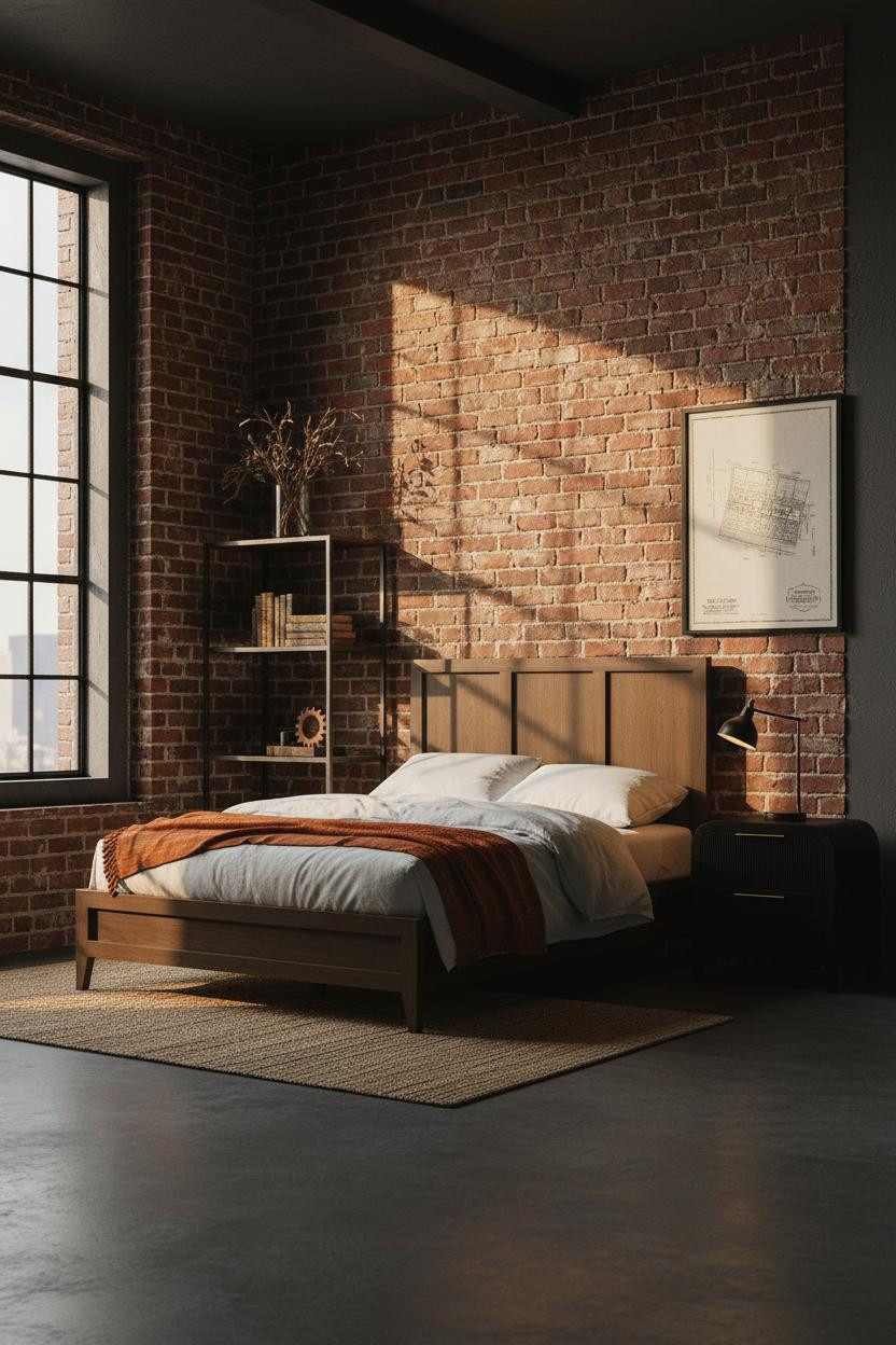 Rustic Industrial Bedroom Brick Shelving