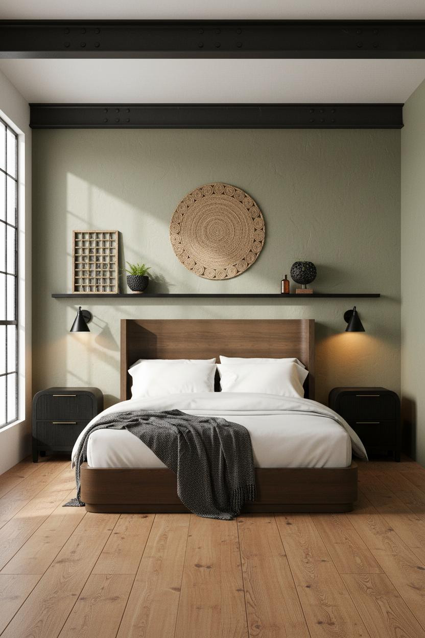 Rustic Industrial Bedroom Black Beam Sage