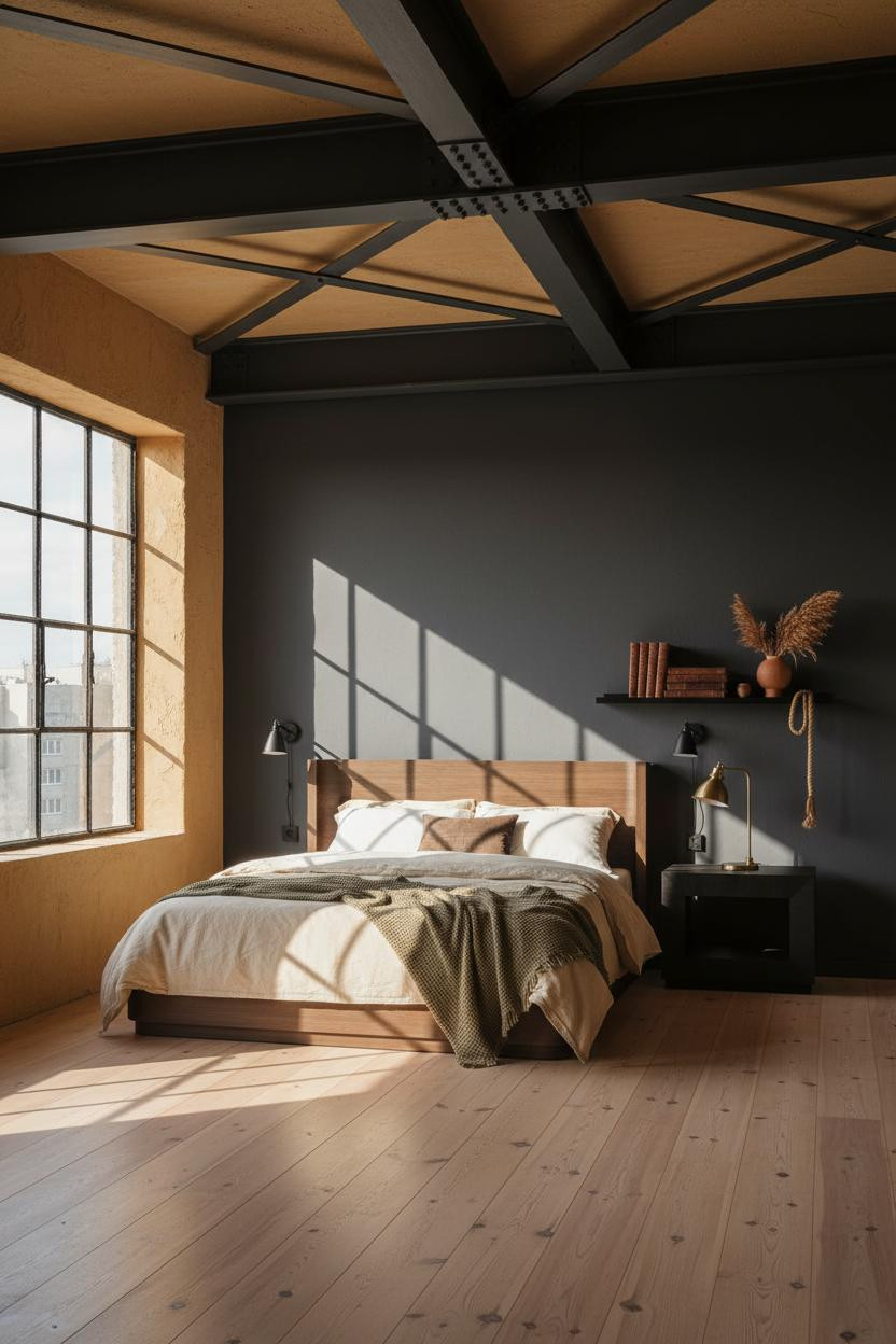 Rustic Industrial Bedroom Exposed Steel Beams