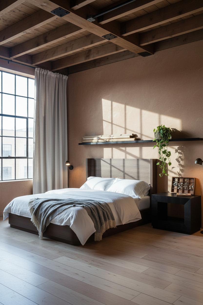 Rustic Industrial Bedroom Exposed Beams