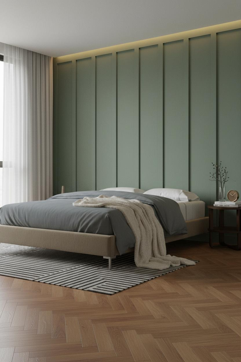 Modern Platform Bed Moss Green Headboard