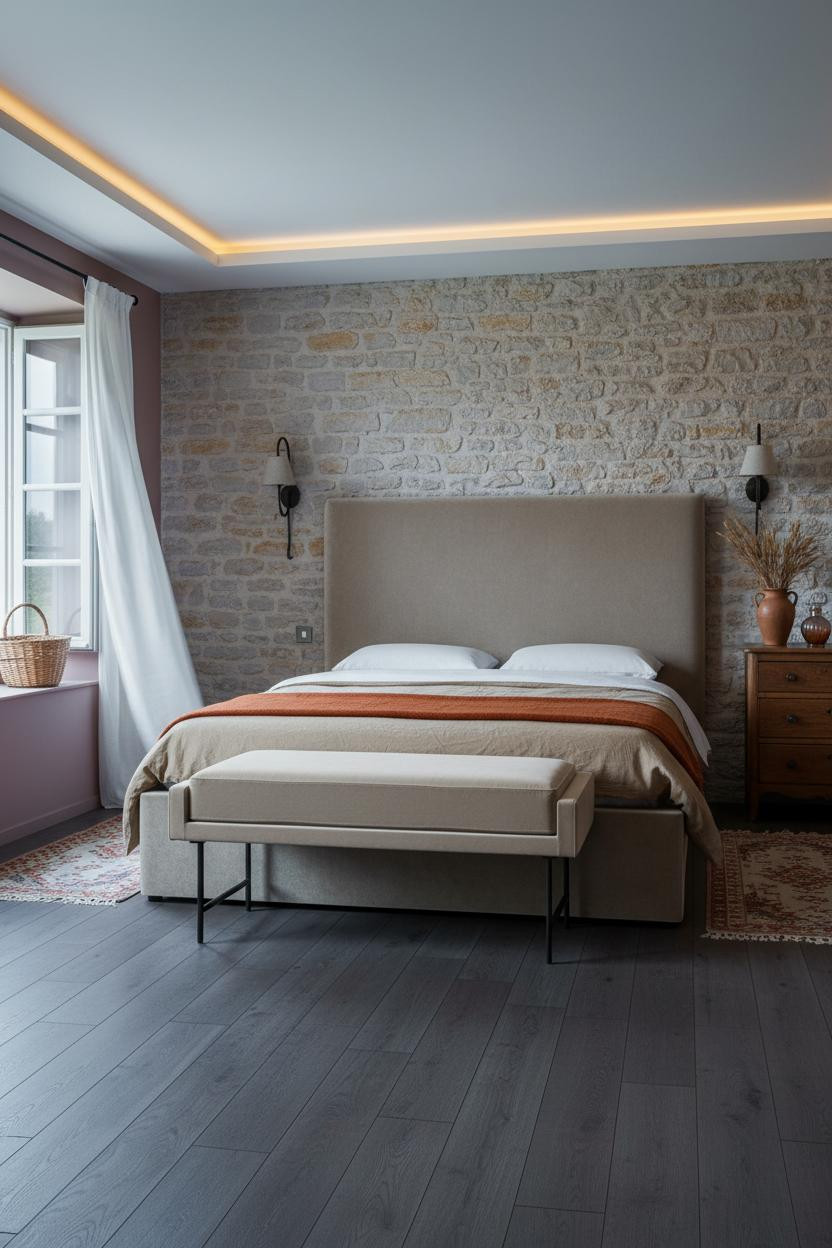 French Country Bedroom Stone Accent Wall