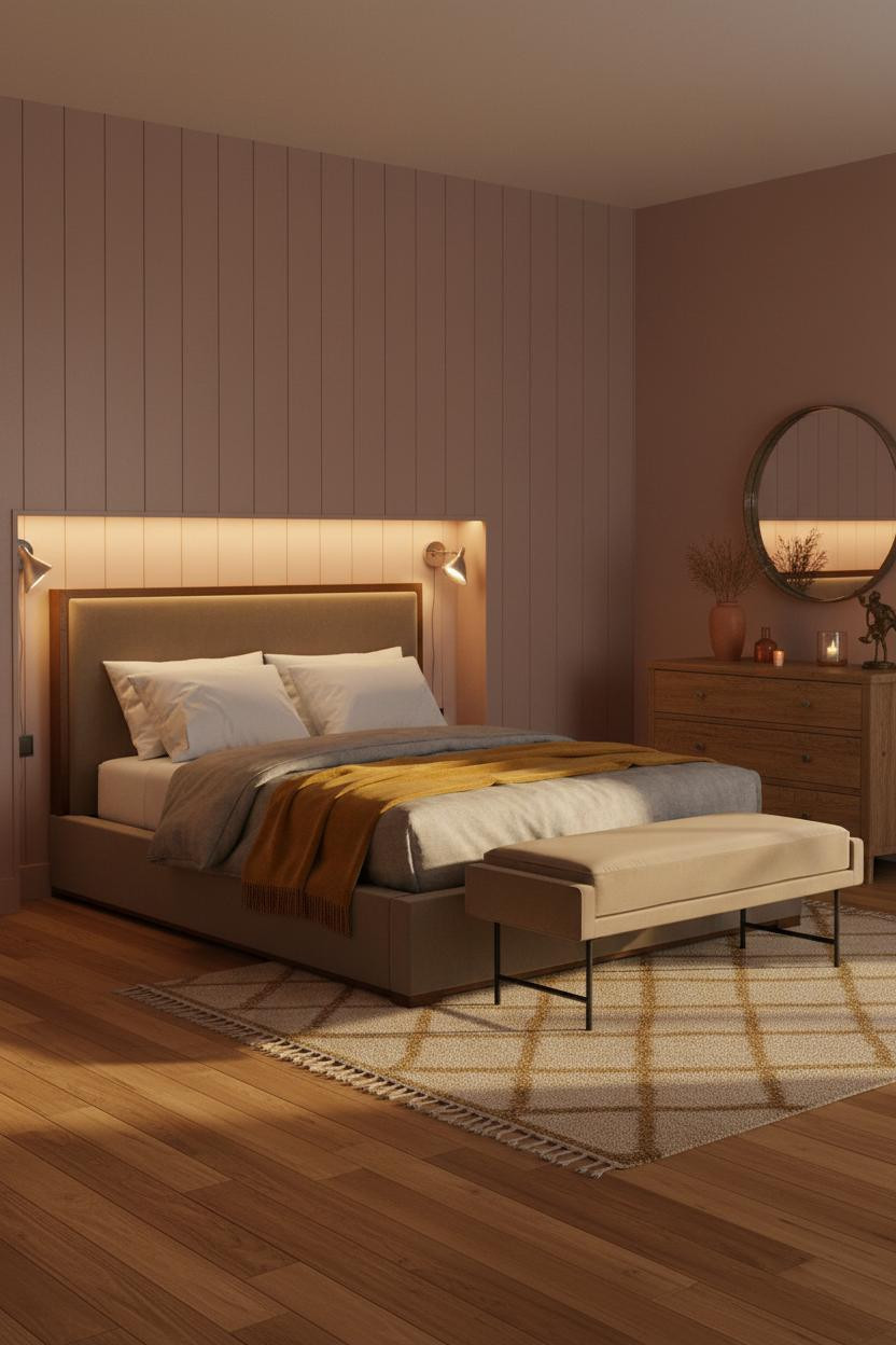 French Country Bedroom Mauve Paneling Warm Lighting