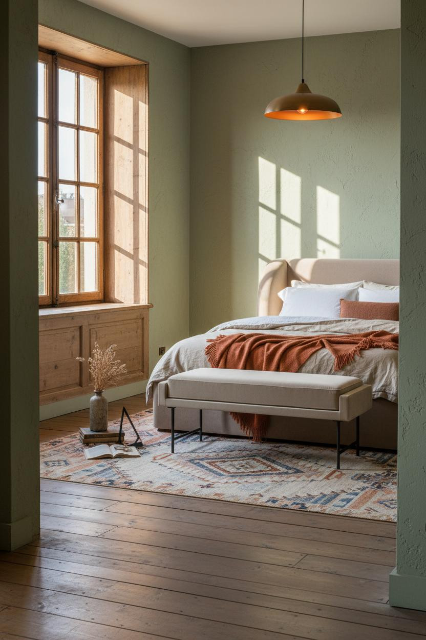 Modern French Country Bedroom Sage Plaster Vintage Rug