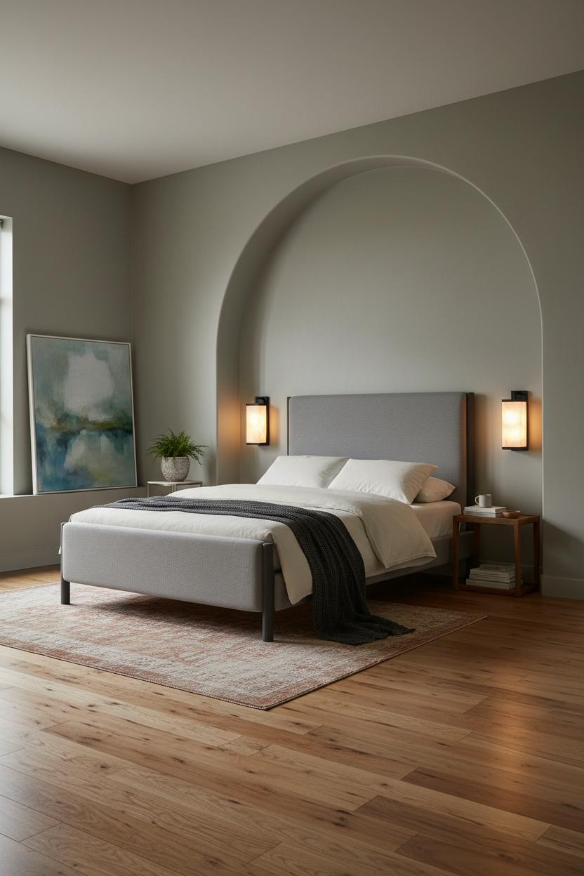 Gray Bed Frame Arched Niche Bedroom