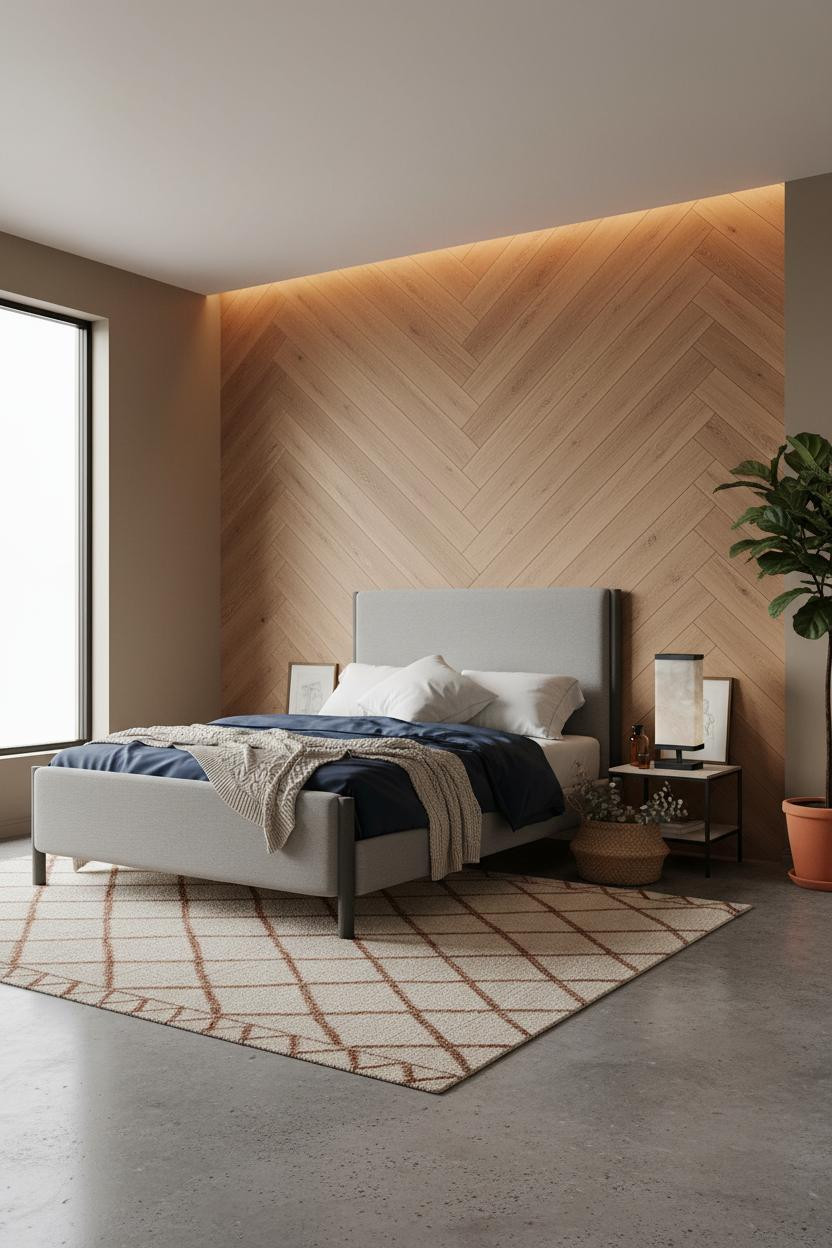 Gray Bed Frame Herringbone Accent Bedroom
