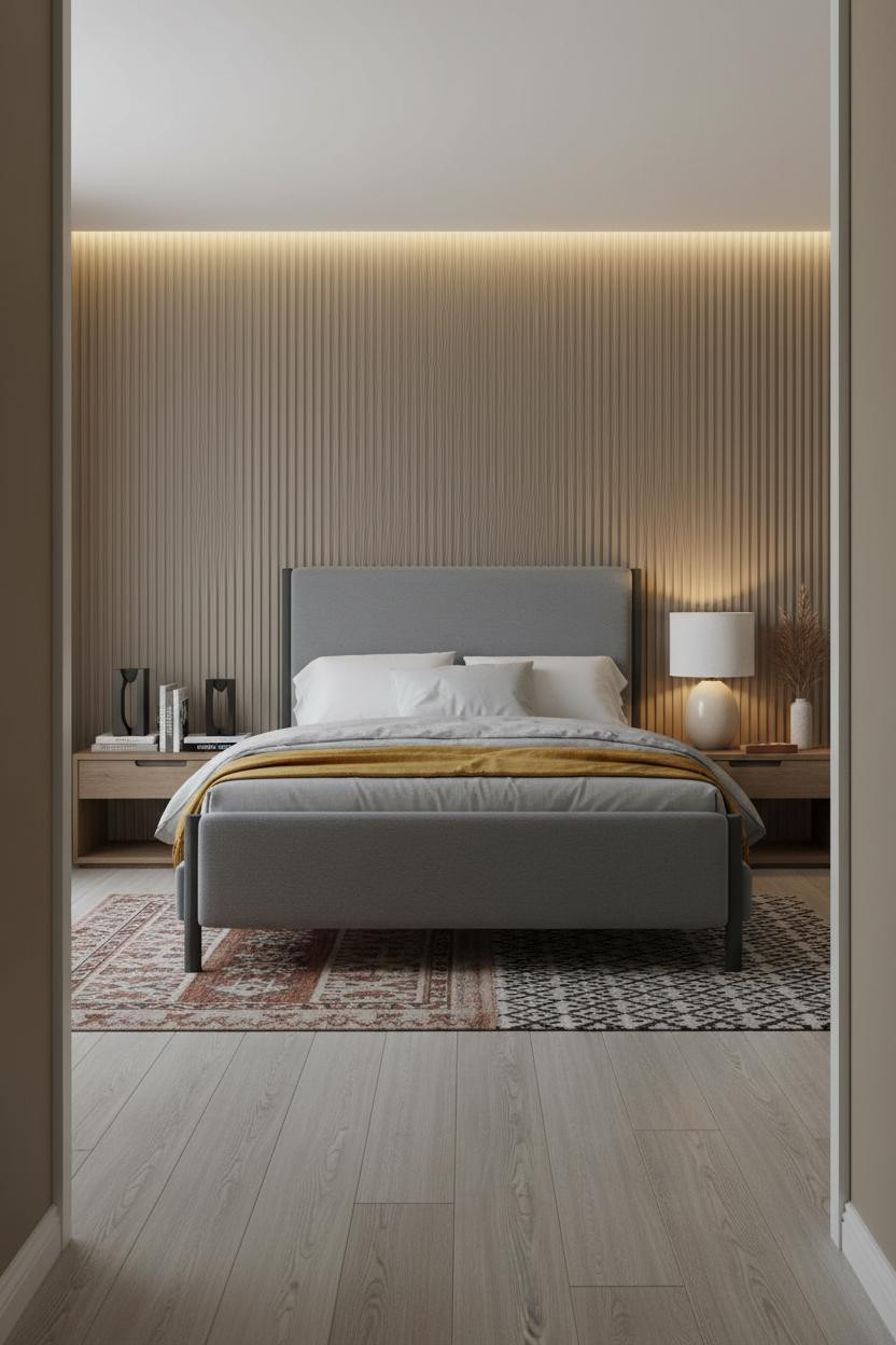 Gray Bed Frame Fluted Headboard Bedroom