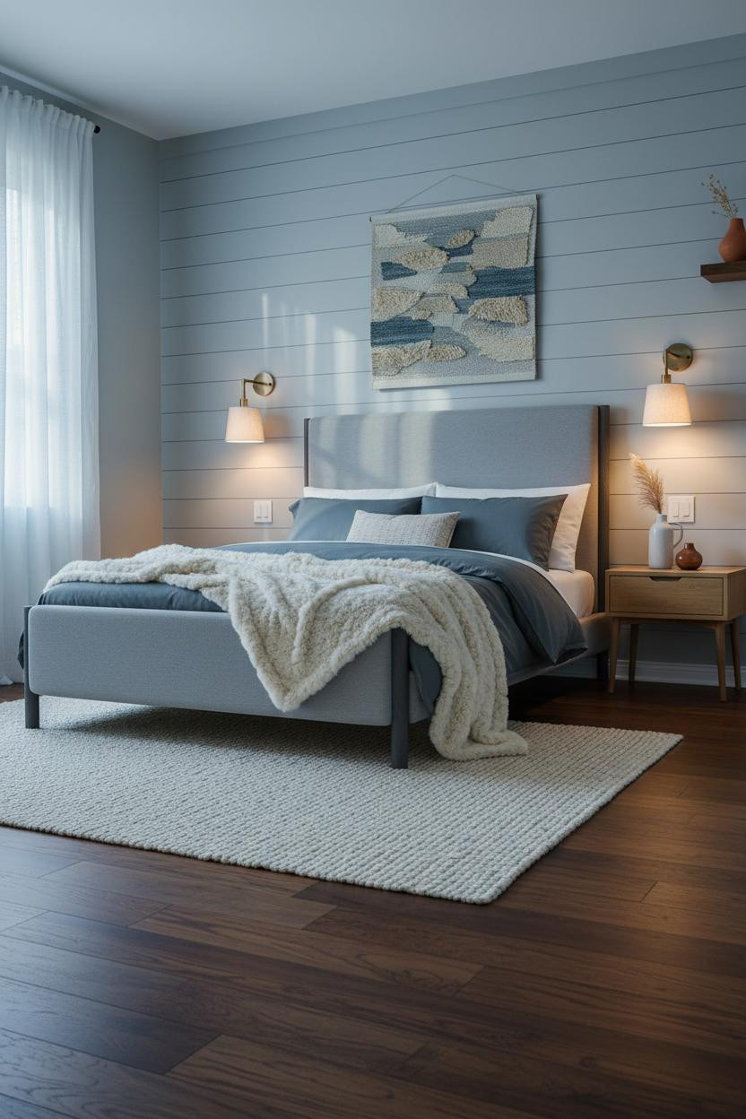 Gray Bed Frame Shiplap Accent Wall Bedroom