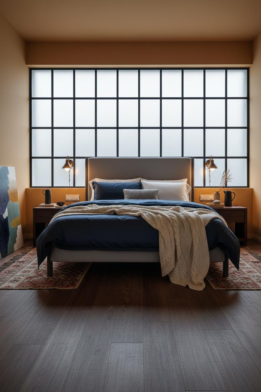 Gray Bed Frame Japandi Bedroom Steel Window