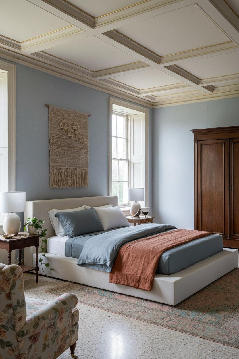 Grand Millennial Bedroom Coffered Ceiling Blue