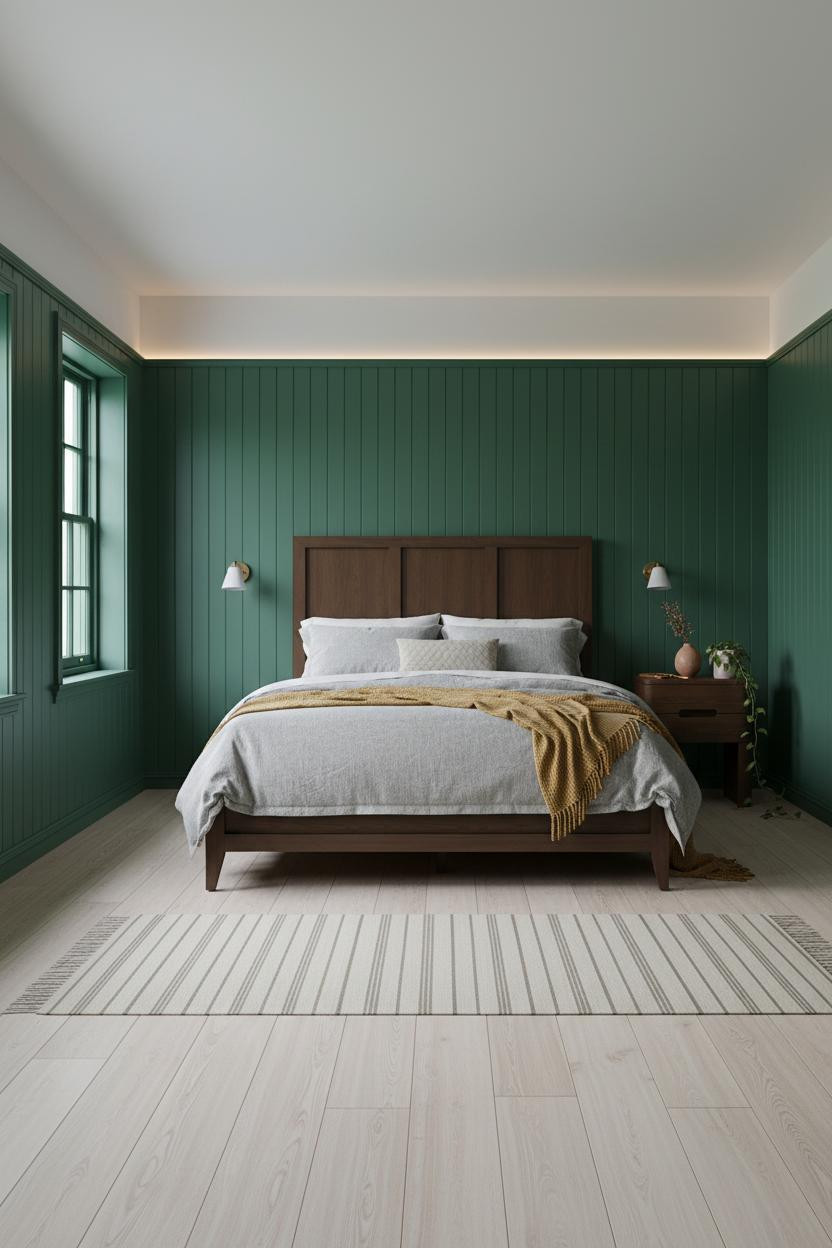 English Bedroom Classic Forest Green Paneled Elegance