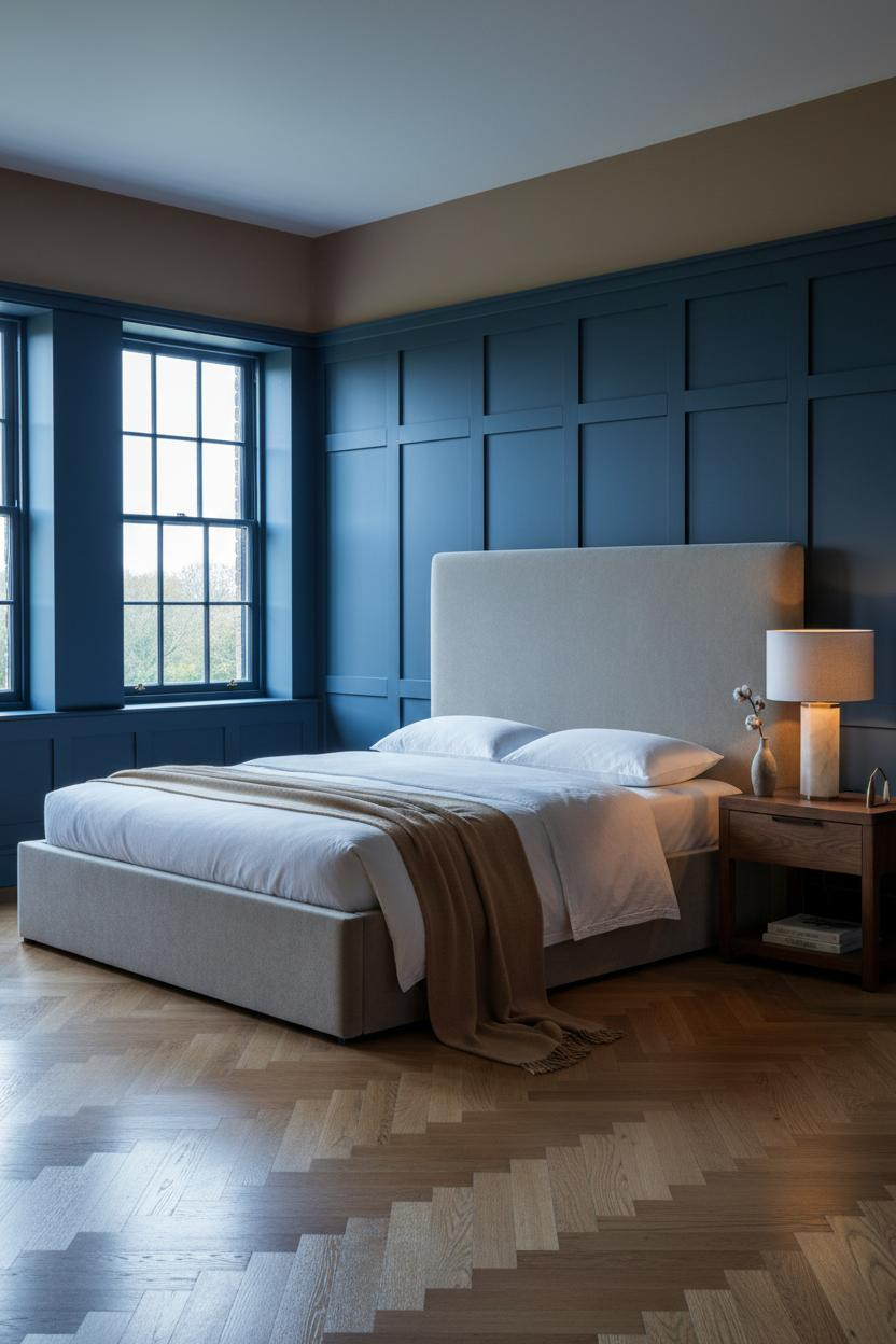 English Bedroom Indigo Paneling Brass Lamp