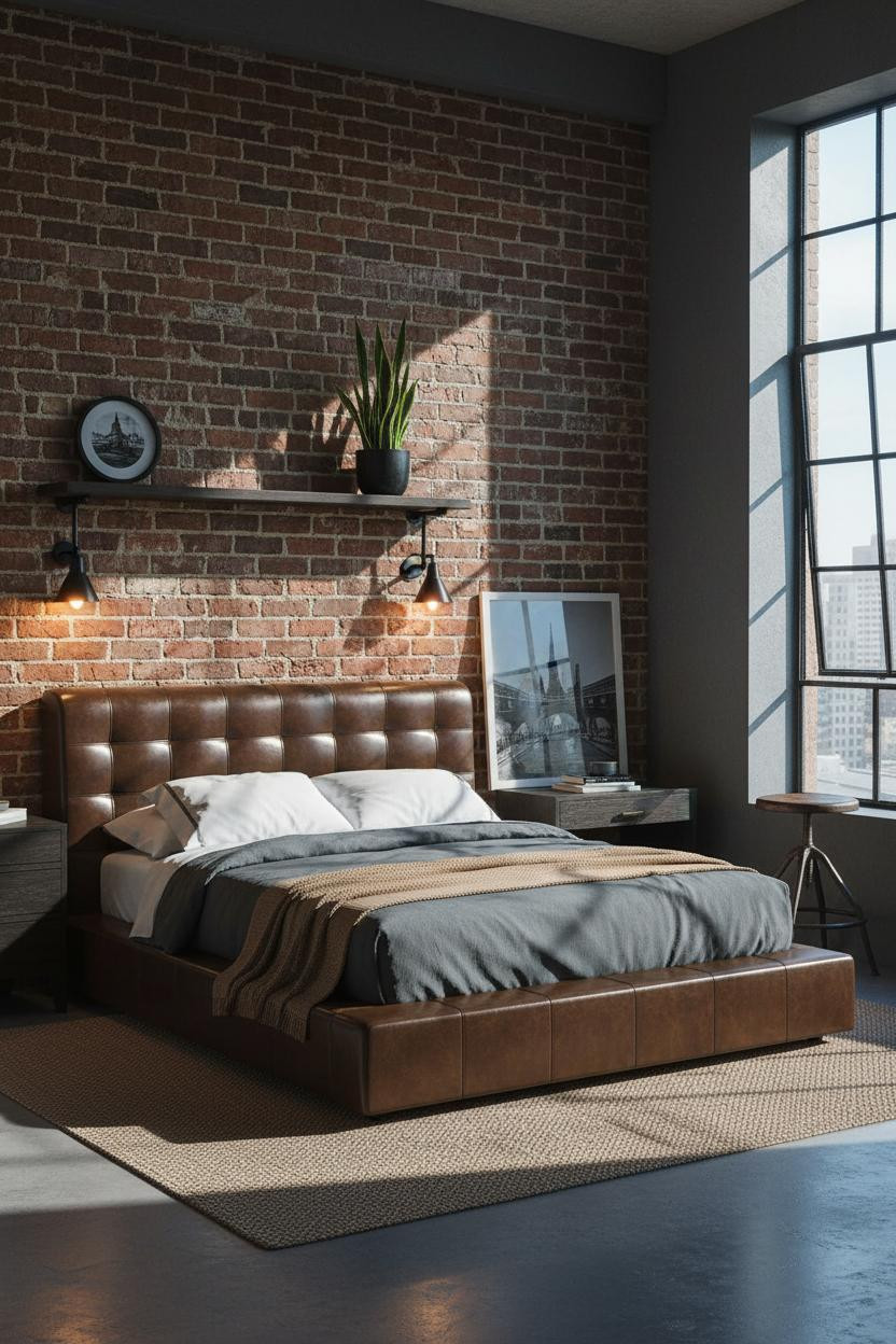 Industrial Bedroom Exposed Brick Loft