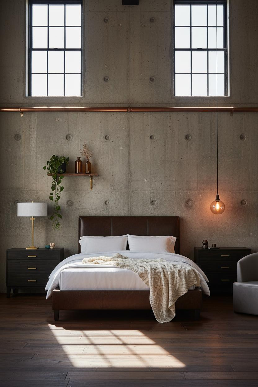 Industrial Bedroom Concrete Windows Black Iron