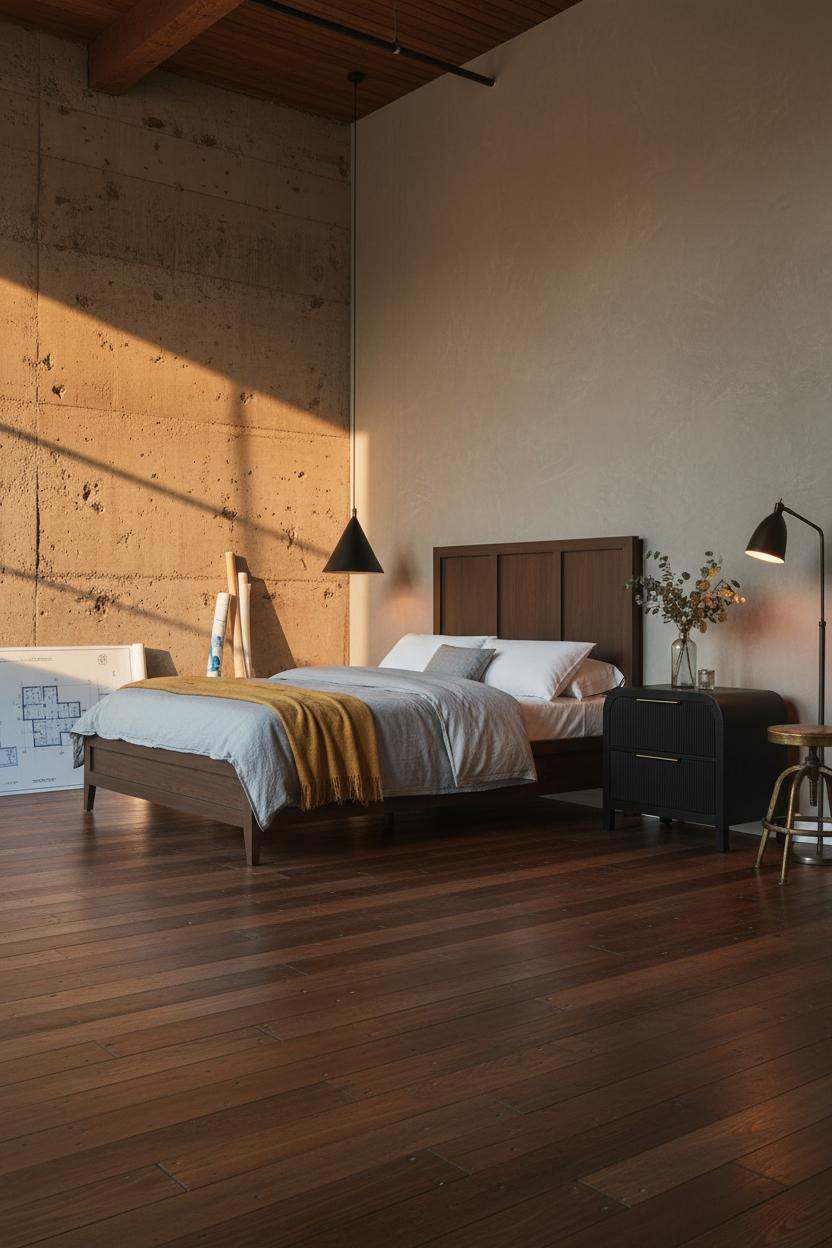 Industrial Bedroom Concrete Walnut Floor