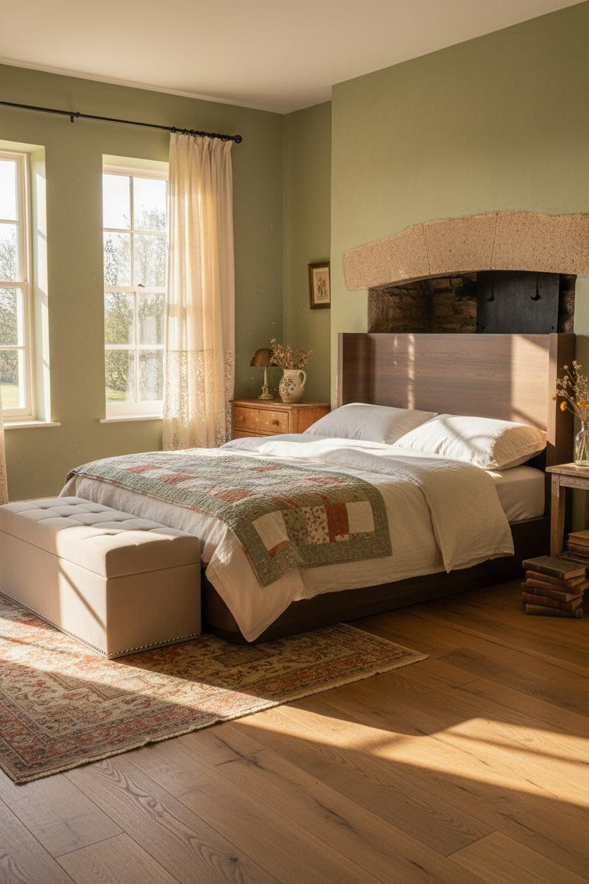 English Cottage Bedroom Stone Fireplace Linen