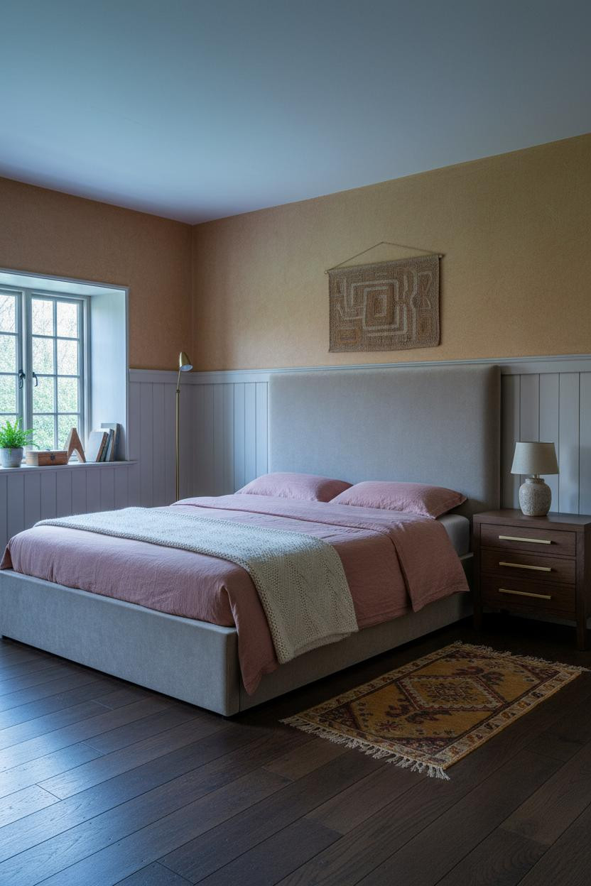 English Cottage Bedroom Wainscoting Brass Lamp