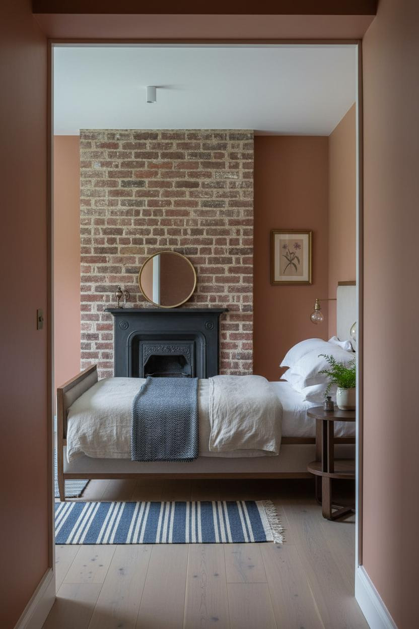 English Cottage Bedroom Brick Fireplace Vintage