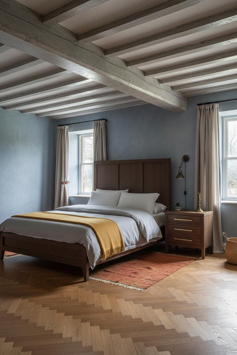 English Cottage Bedroom Exposed Beams Winter Light