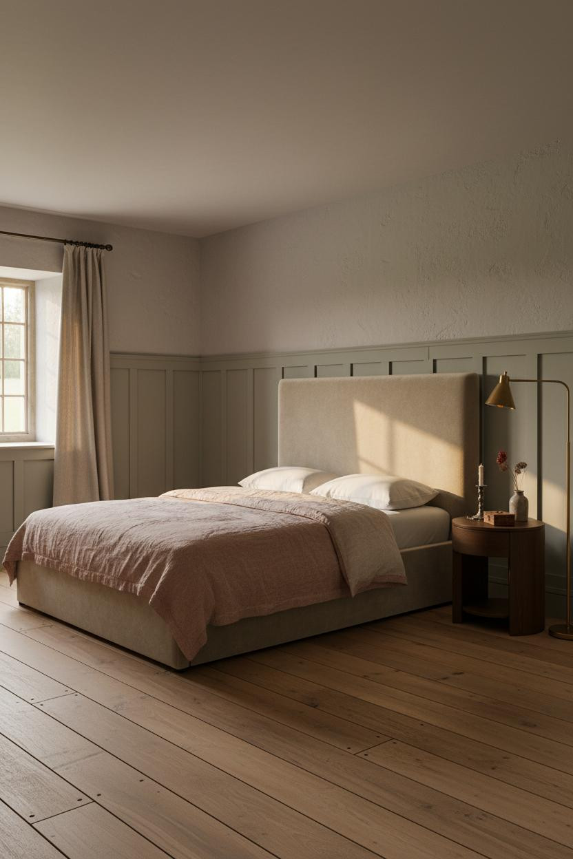 English Cottage Bedroom Sage Wainscoting Brass Lamp