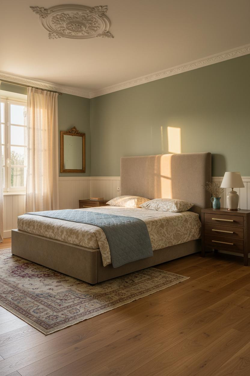 French Provincial Bedroom Sage Green Ornate Ceiling
