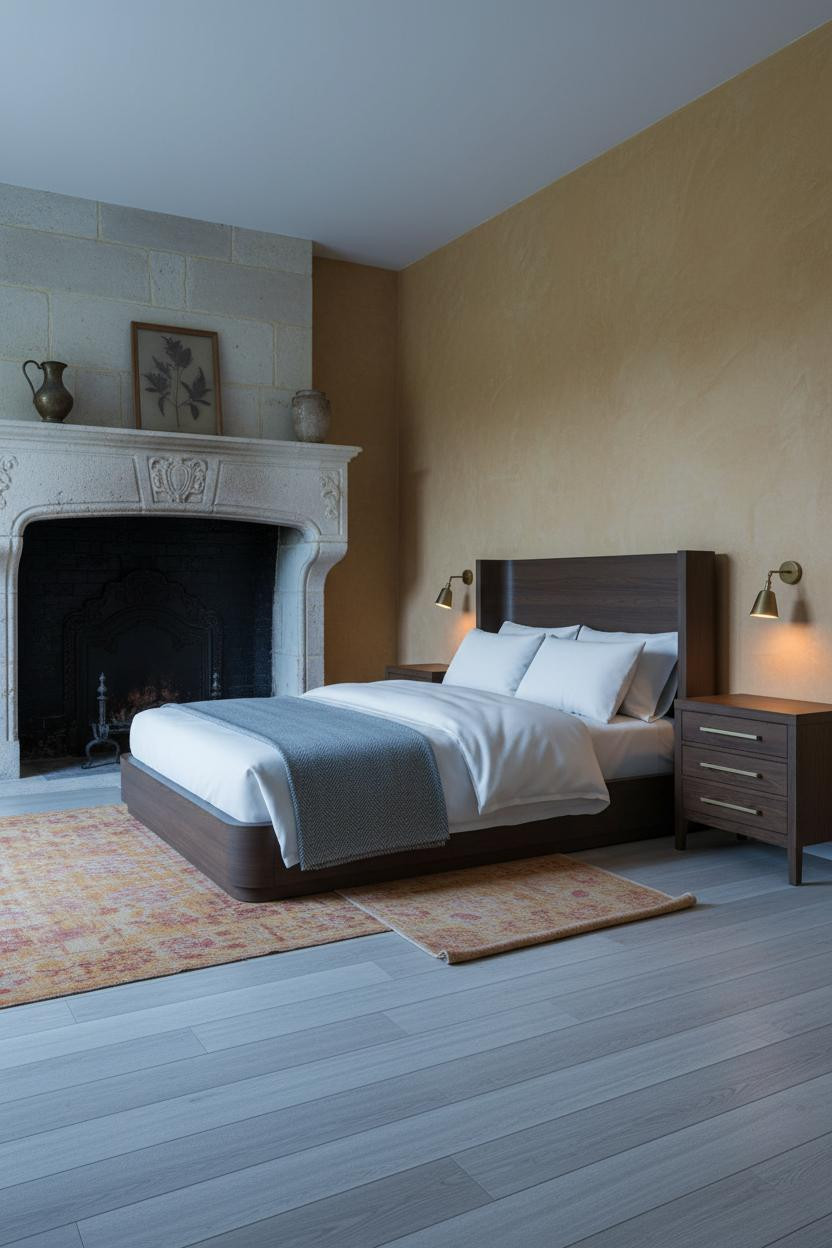 French Provincial Bedroom Stone Fireplace Design