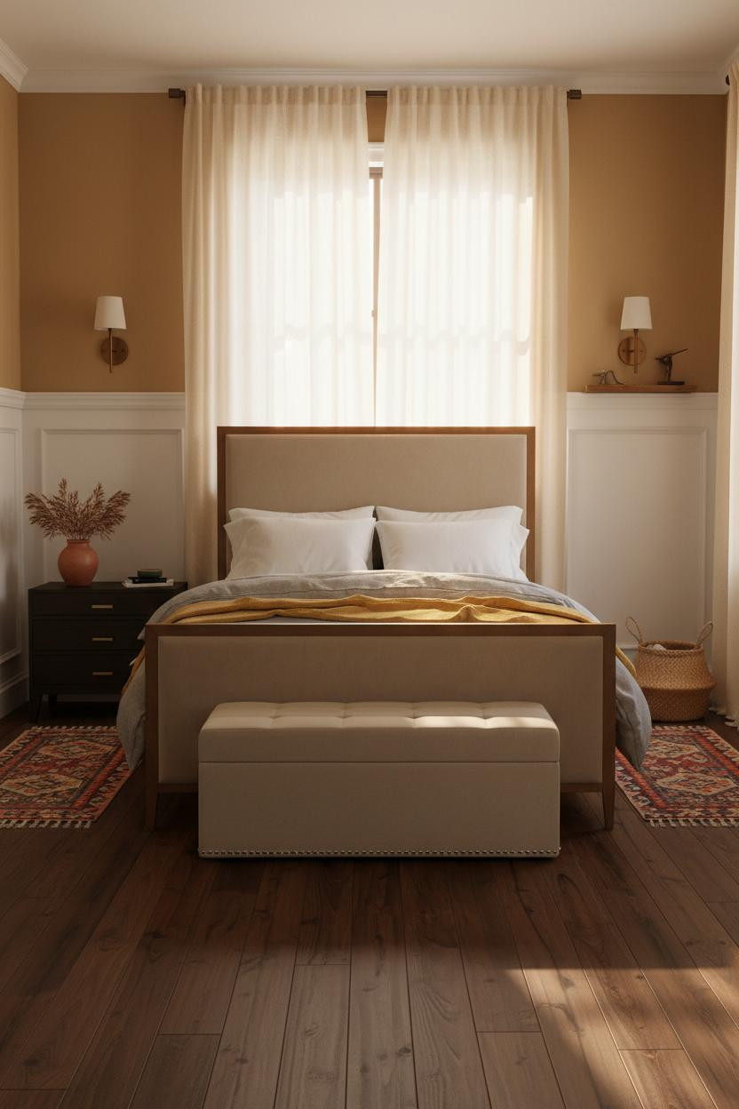 Guest Bedroom Farmhouse Wainscoting Warm Lighting