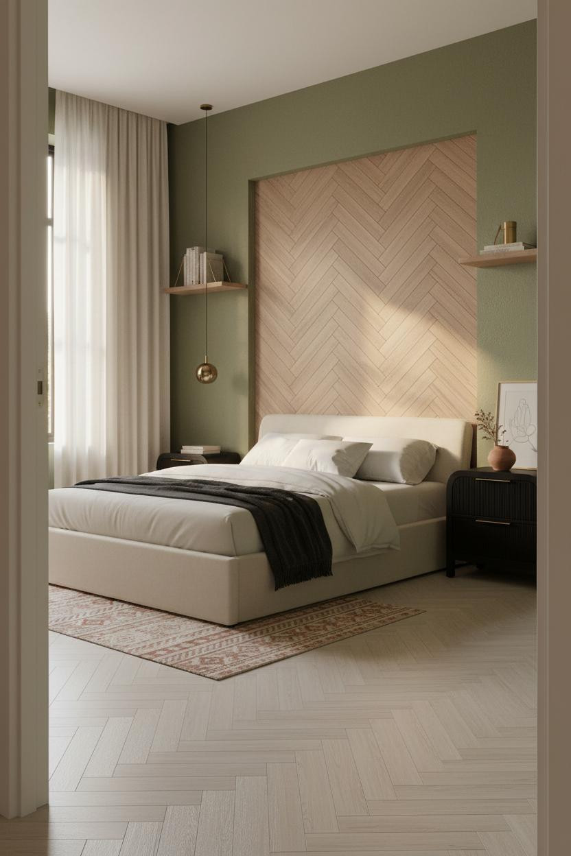 Small Bedroom Design Moss Green Herringbone Layout