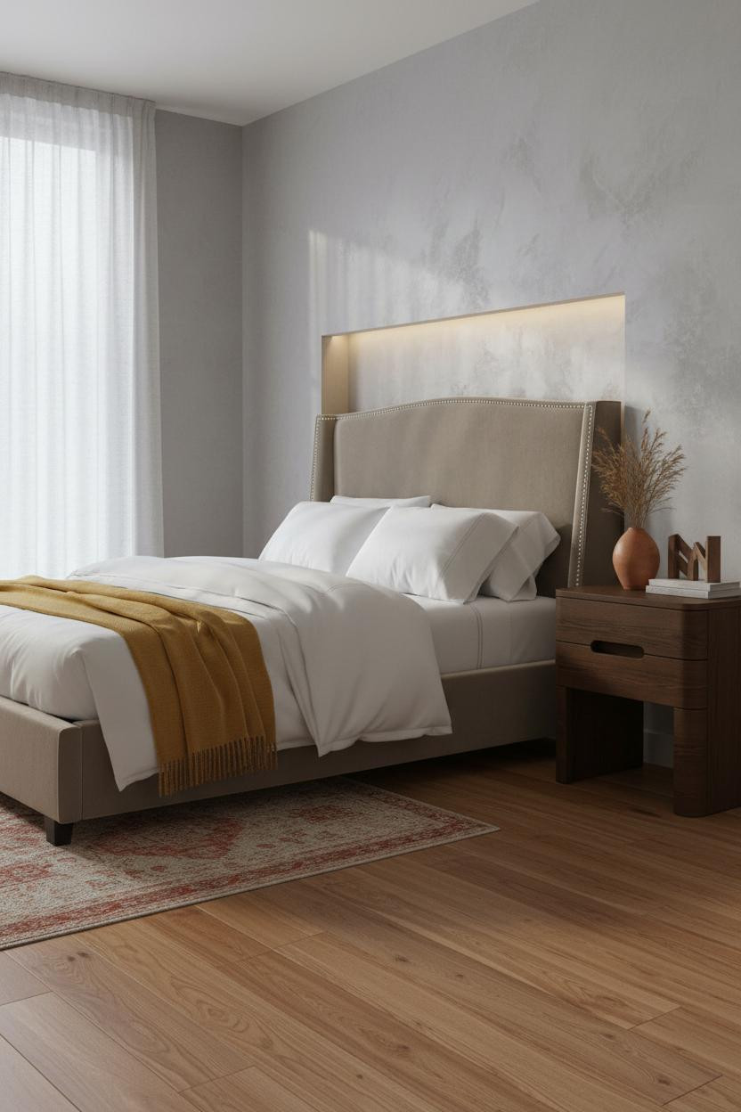 Small Bedroom Design Grey Plaster Wood