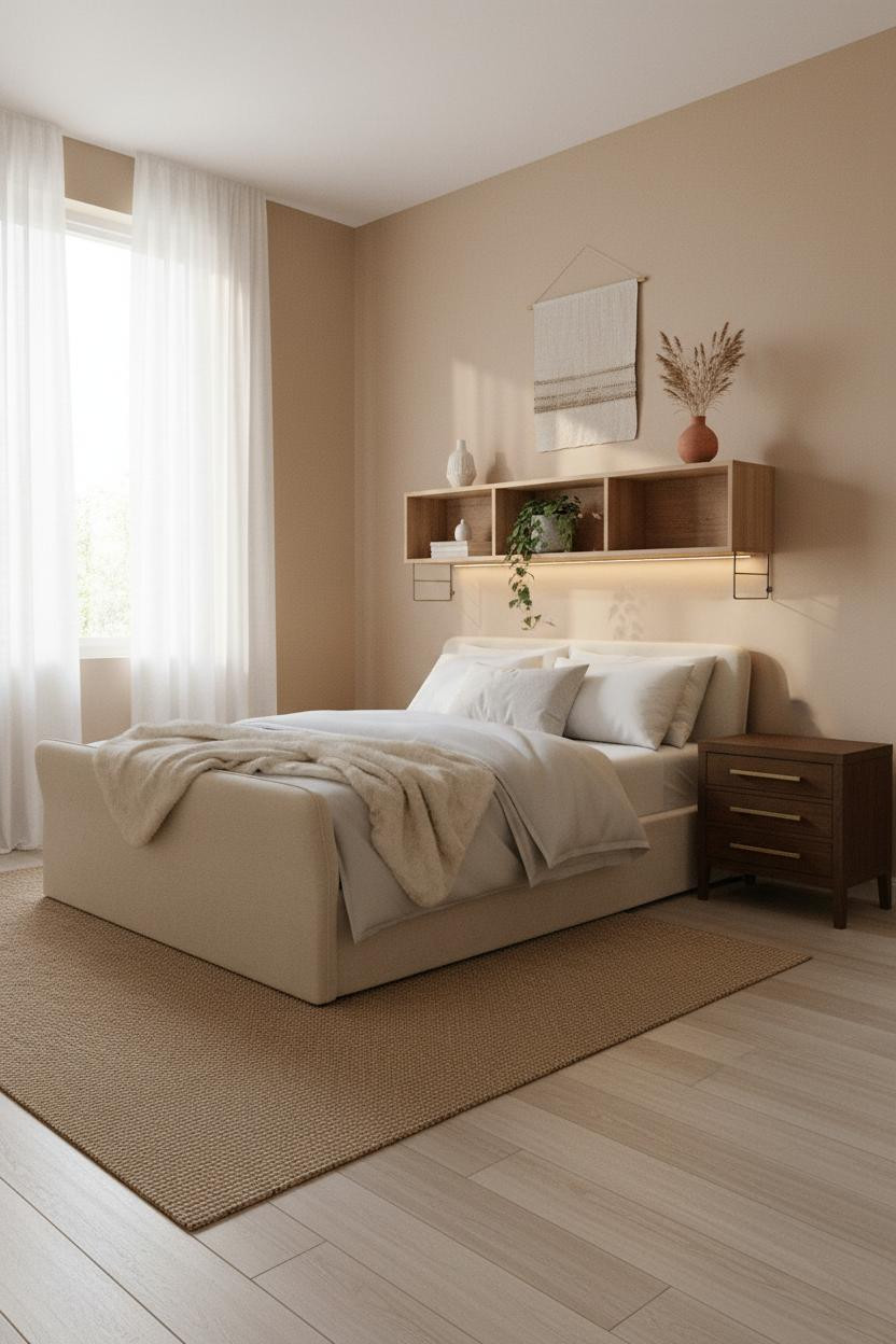Small Bedroom Design Floating Shelf Scandi