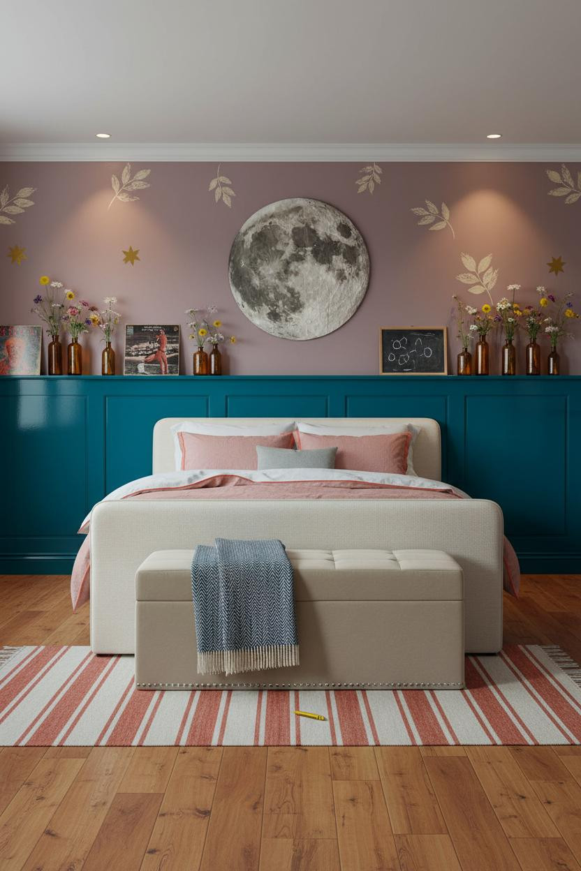 Eclectic Kids Room Maximalist Teal Wainscoting