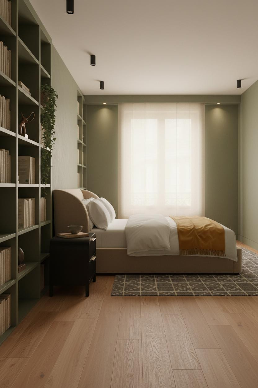 Studio Apartment Men Olive Shelves Maple Floors