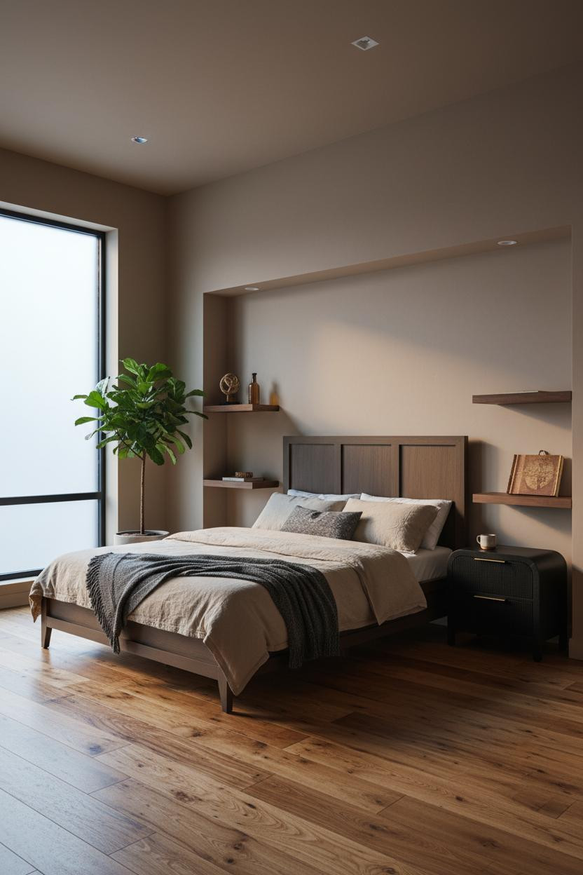 Studio Apartment Men Walnut Shelves Concrete