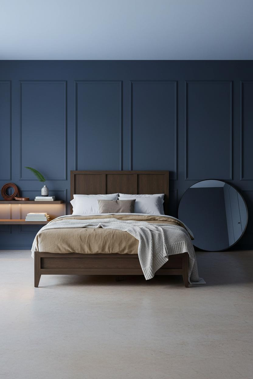 Studio Apartment Men Charcoal Paneling Concrete