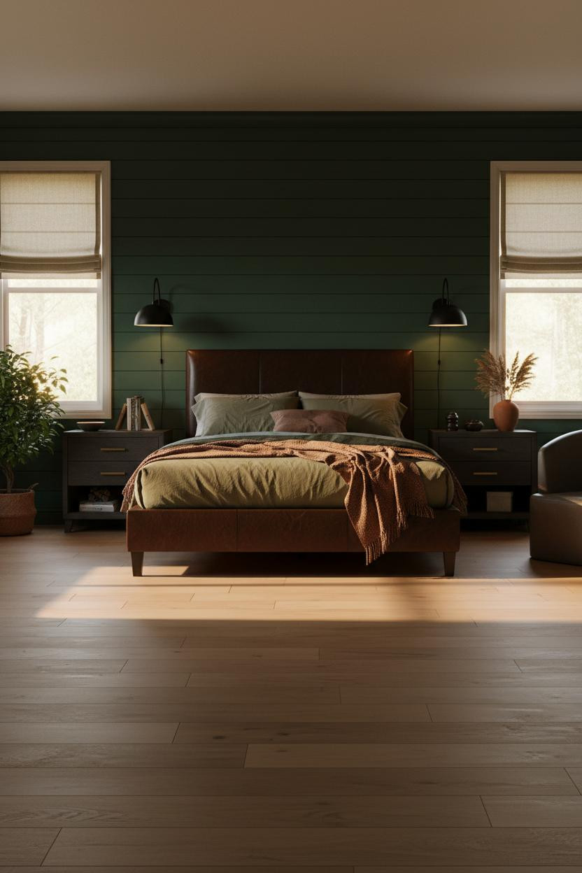 Dark Cozy Bedroom Forest Green Shiplap