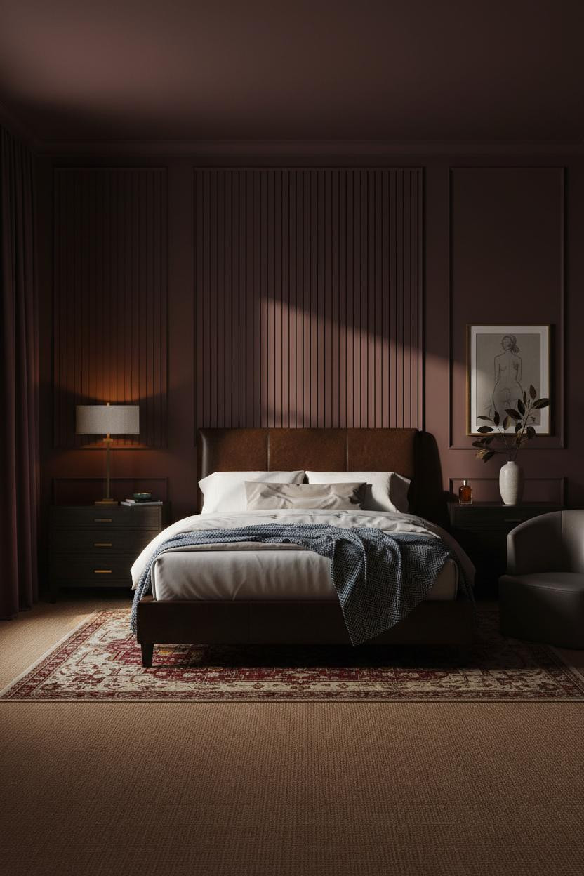 Dark Cozy Bedroom Burgundy Slatted Walls
