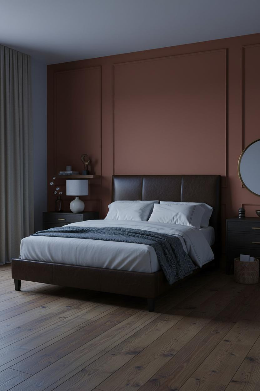 Dark Cozy Bedroom Terracotta Accent Wall