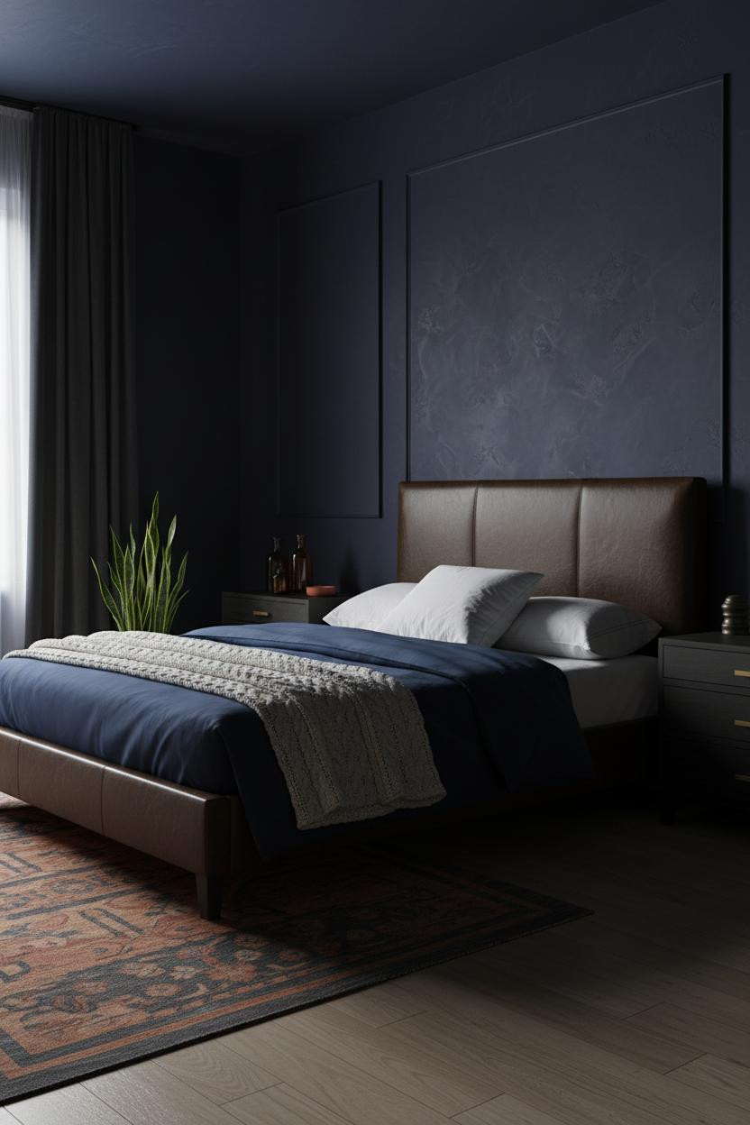 Dark Cozy Bedroom Plaster Walls Amber Lighting