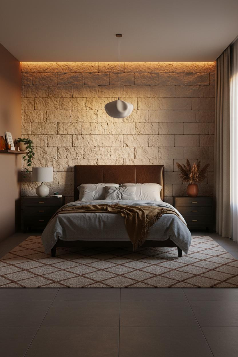 Dark Cozy Bedroom Stone Wall Amber Light