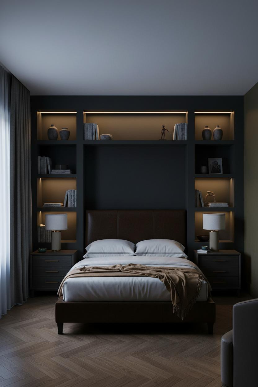 Dark Cozy Bedroom Navy Shelves Amber Lighting