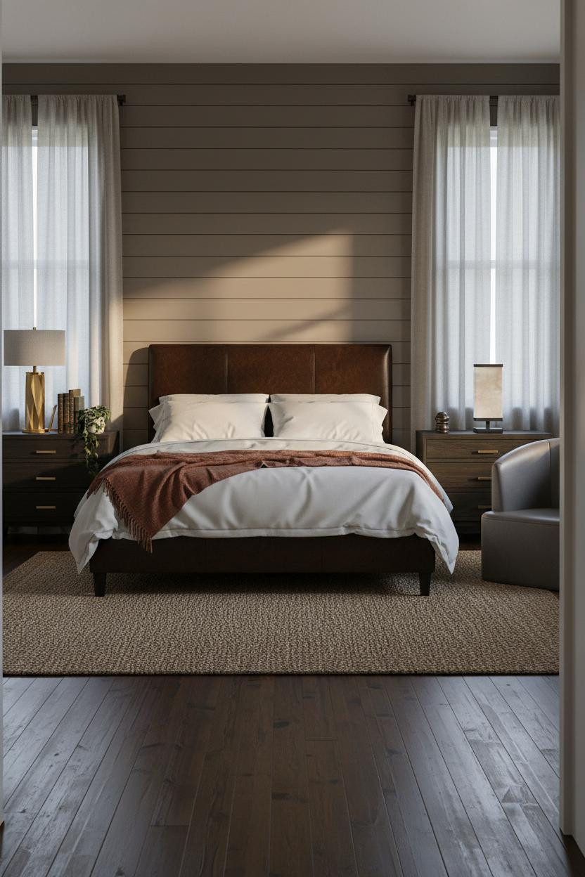 Dark Cozy Bedroom Taupe Shiplap Brass