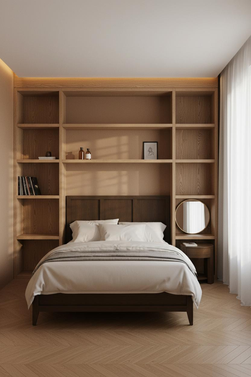 Modern Boho Bedroom Oak Shelving Neutral