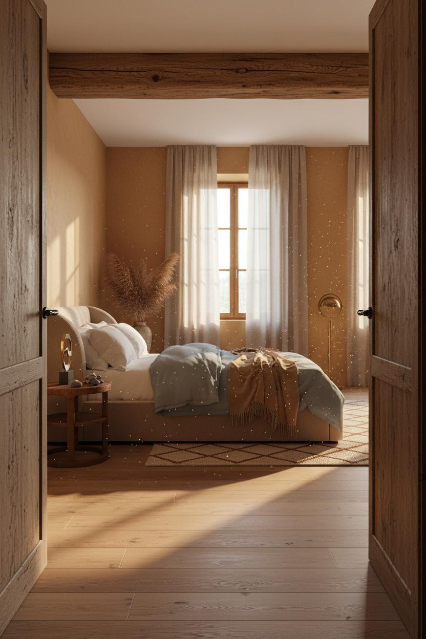Modern Boho Bedroom Exposed Beam Tuscan