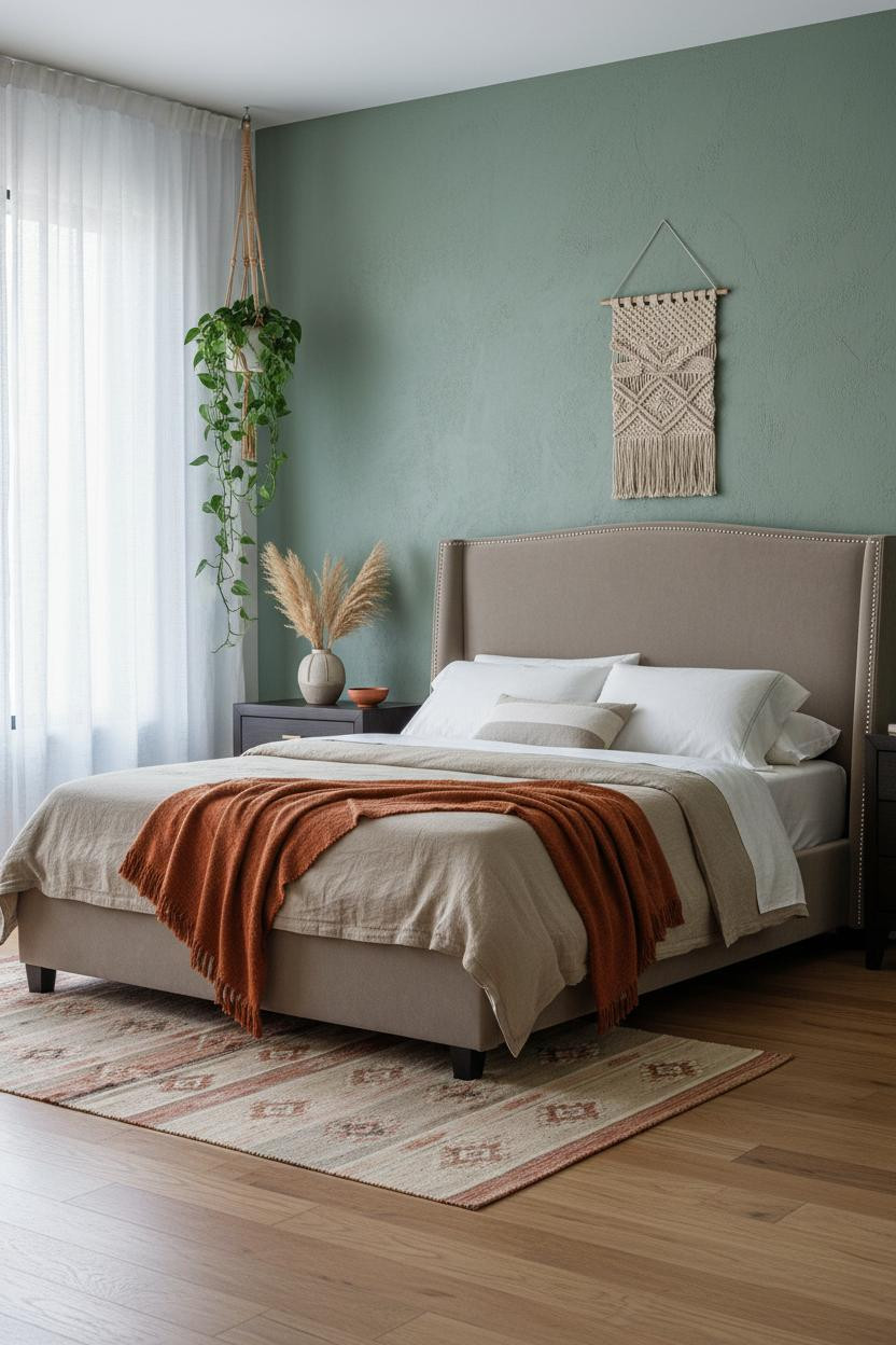 Modern Boho Bedroom Sage Accent Wall Neutral