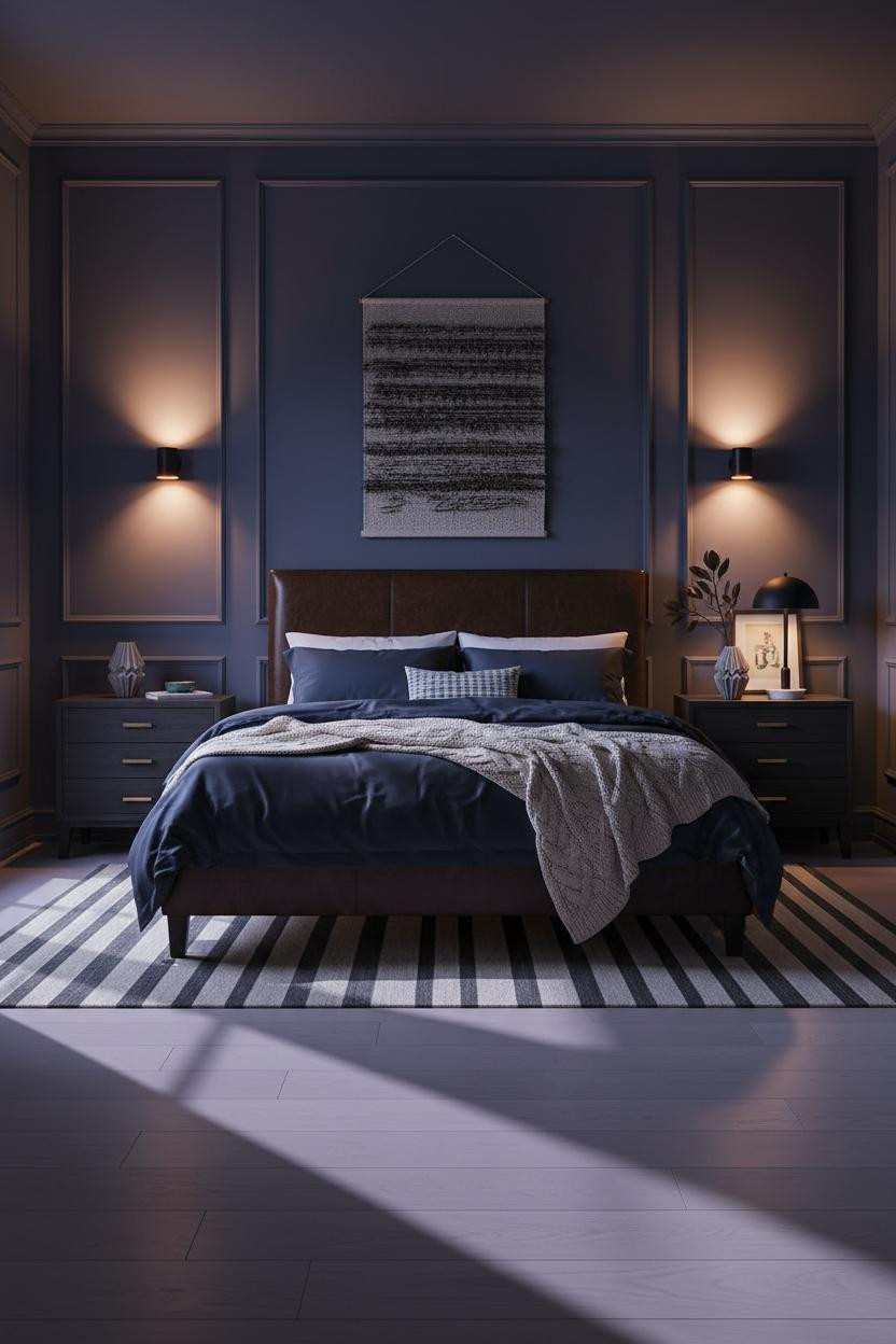 Dark Romantic Bedroom Indigo Paneled Wall