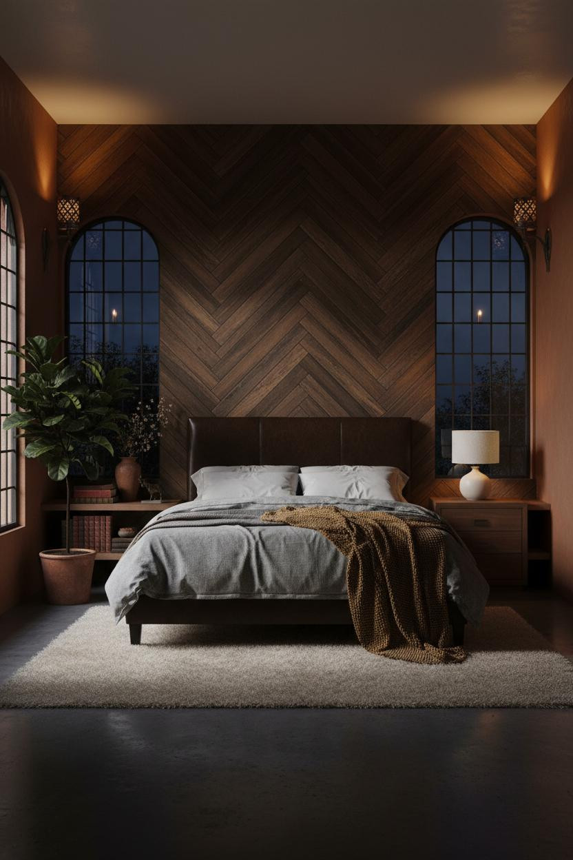 Dark Romantic Bedroom Herringbone Wall