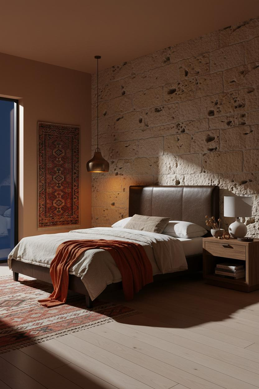 Dark Romantic Bedroom Stone Accent Wall