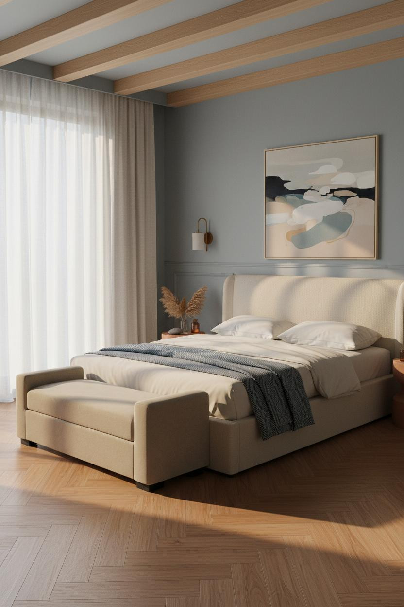 Modern Coastal Bedroom Light Oak Beam Master Bed Design