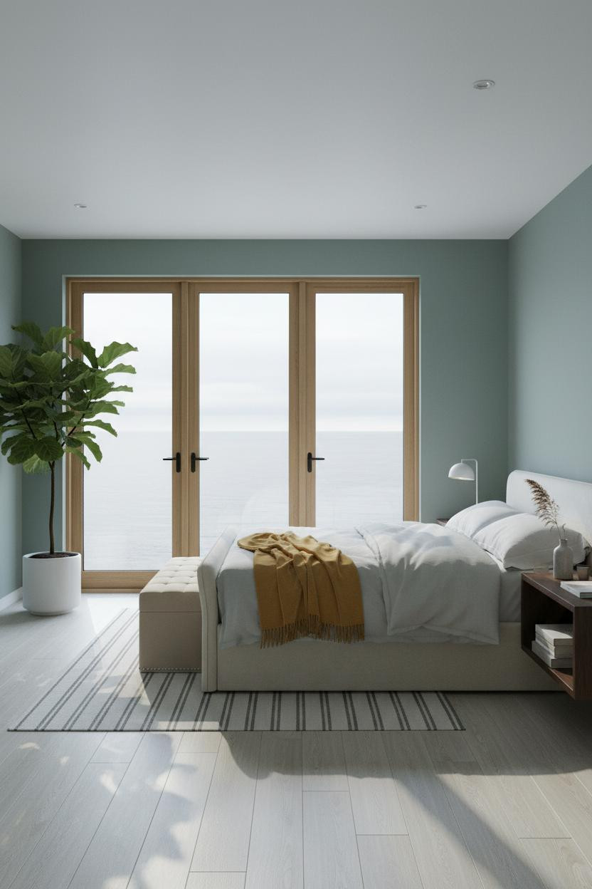 Modern Coastal Bedroom Sage Walls Oak Doors Design