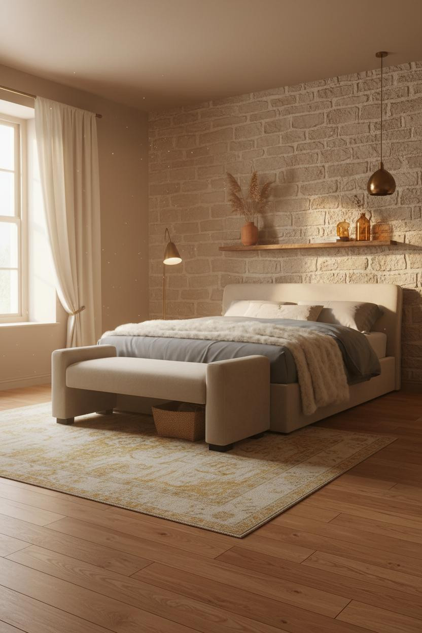 Cozy Vintage Bedroom Stone Accent Wall